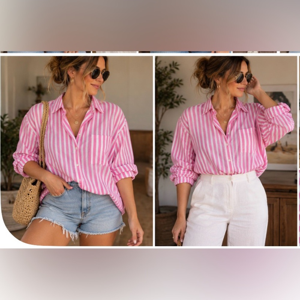 Women's Pink Striped Button-Up Shirt - Casual Collared Top